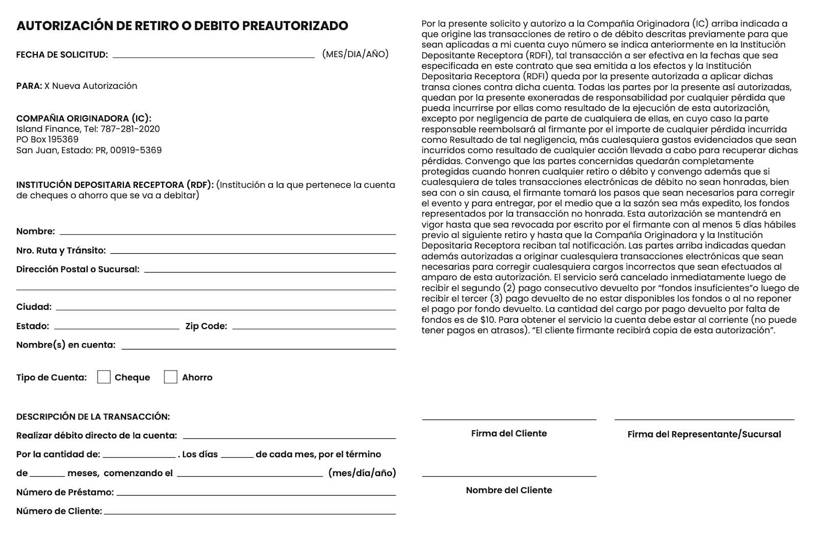 autorizacion de retiro o debito preautorizado